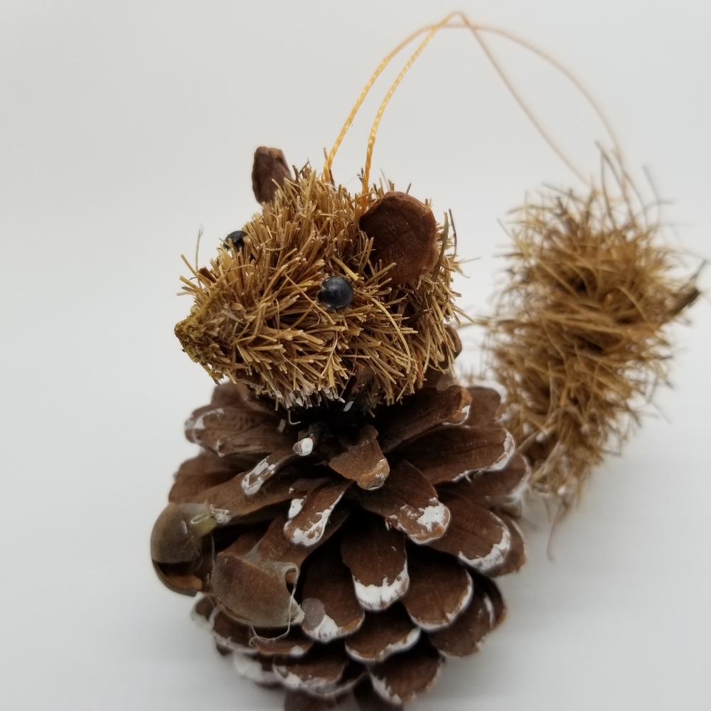 Christmas Ornament Pinecone Squirrel Woodland Straw Natural Fibers 3" Inches